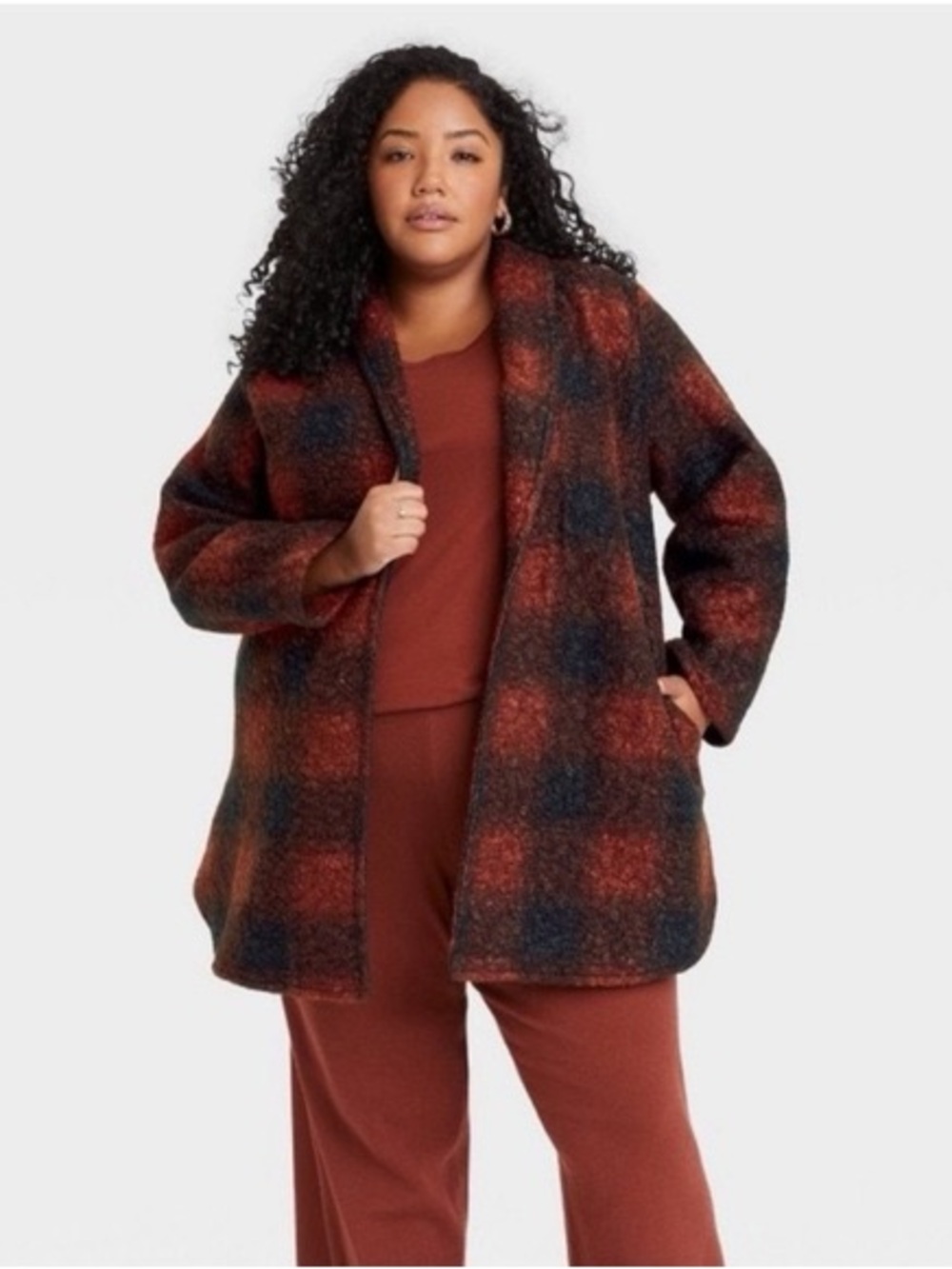 Ava & Viv Plaid Bouclé Open-Front Coatigan Shacket in Rust and Navy